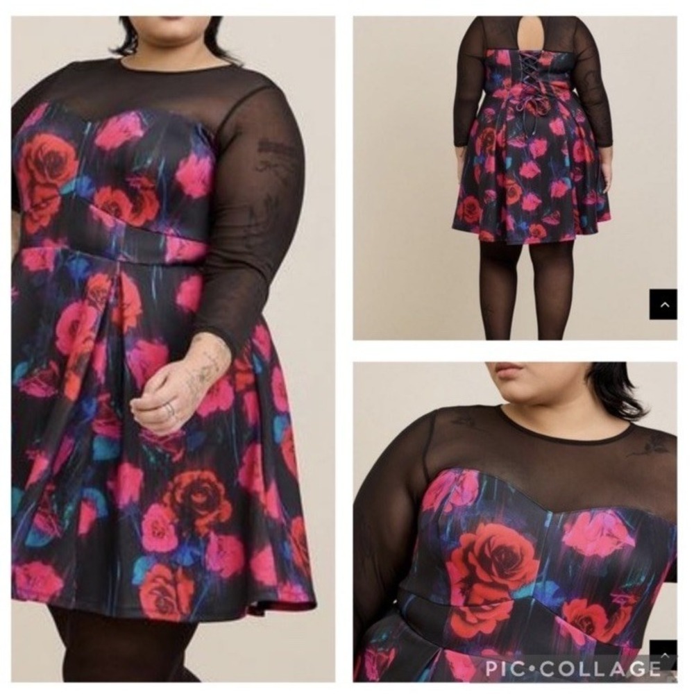NWT Torrid Plus Size 3X Floral Scuba Illusion Mesh Neckline Mini Dress
